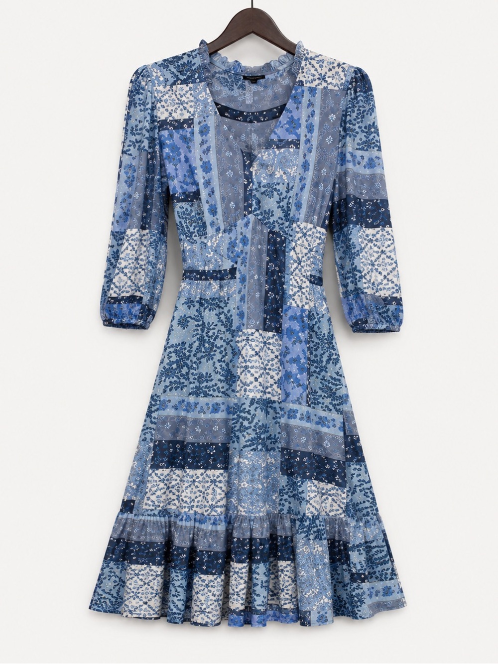 Frye Blue Patchwork Prairie Midi Dress Cottagecore Boho Small